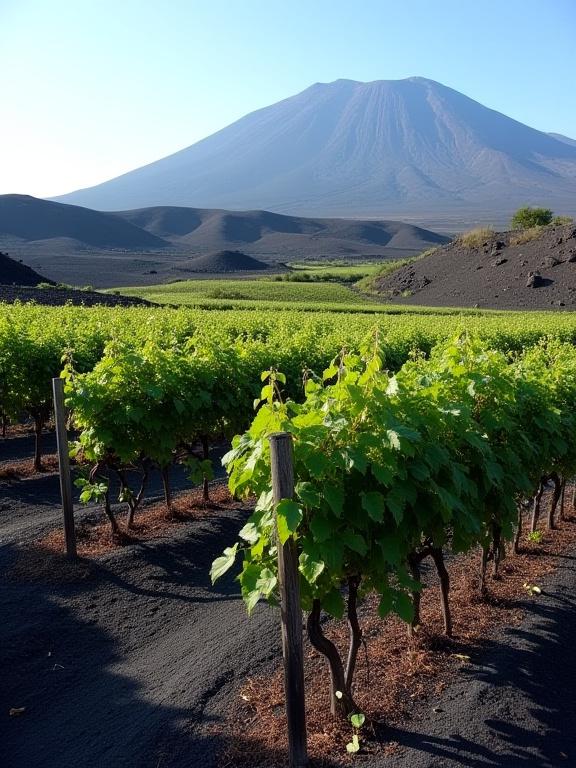 Vigneto che cresce su terreno vulcanico scuro alle pendici dell'Etna